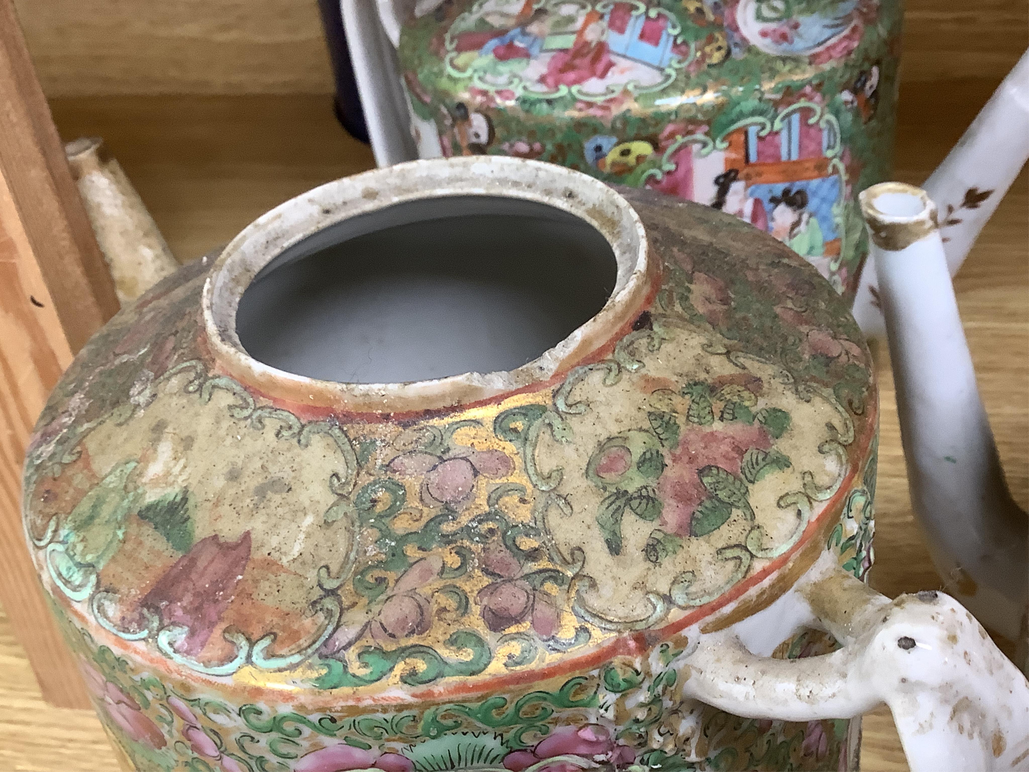 Three 19th century Chinese famille rose teapots, lacking covers largest 21cm wide